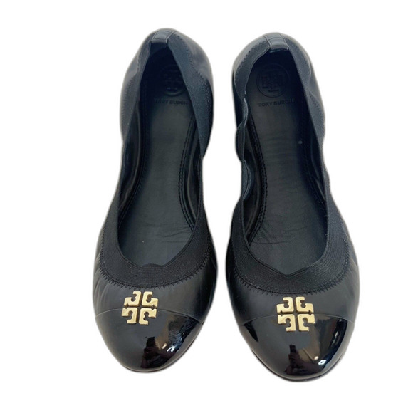 Like New Tory Burch Jolie Cap Toe Ballet Flat Black Leather Gold Emblem Size 10 - Picture 1 of 7